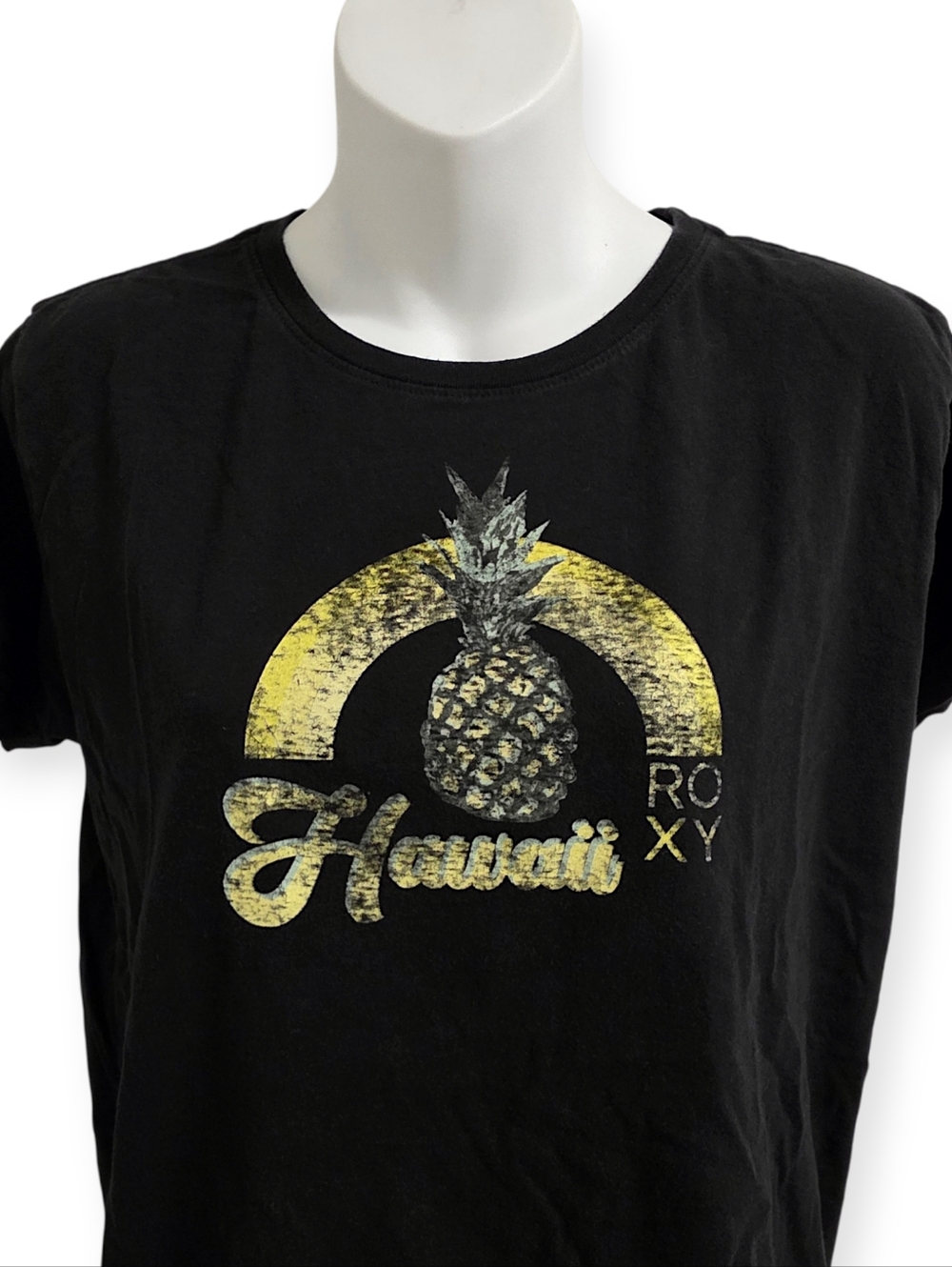 ROXY Hawaii Graphic Tee Black Pineapple Rainbow Surf Shirt